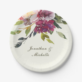 濃いピンクの紫のフローラ水色結婚の ペーパープレート