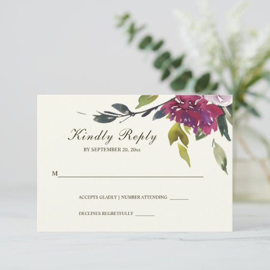 濃いピンクの紫のフローラ水色結婚の 出欠カード (スタンド正面)