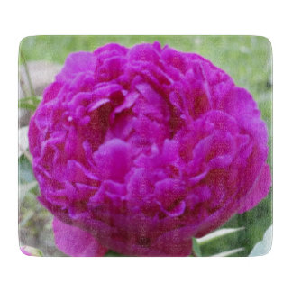 濃いピンクの芍薬の小さなガラス製まな板 カッティングボード