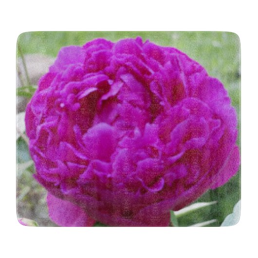 濃いピンクの芍薬の小さなガラス製まな板 カッティングボード (正面)