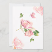 濃いピンクの花 緑の葉 蝶 ウェディング 招待状 (裏面)