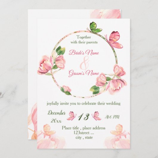 濃いピンクの花 緑の葉 蝶 ウェディング 招待状 (正面/裏面)