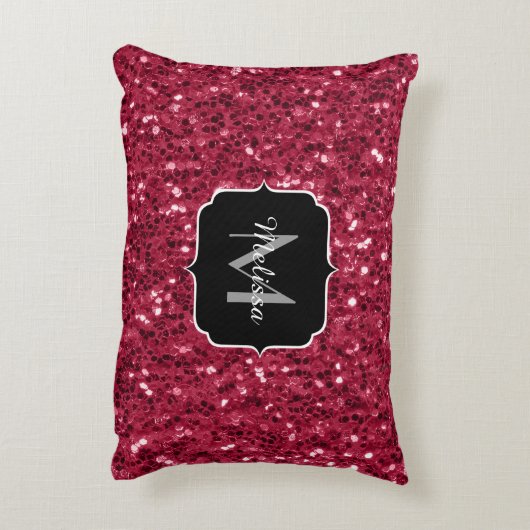 濃いピンクの赤いマゼンタのスパークフェイクルモノグラム アクセントクッション (裏面(縦))