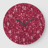 濃いピンクの赤いマゼンダフェイクーの輝きと数字 ラージ壁時計 (正面)