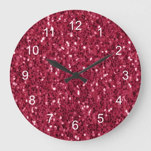 濃いピンクの赤いマゼンダフェイクーの輝きと数字 ラージ壁時計 (正面)