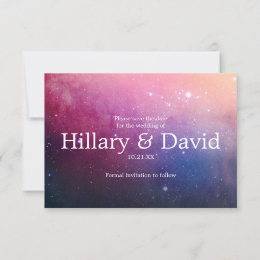 濃いピンクの銀河系日付カードの保存 セーブザデート (裏面)