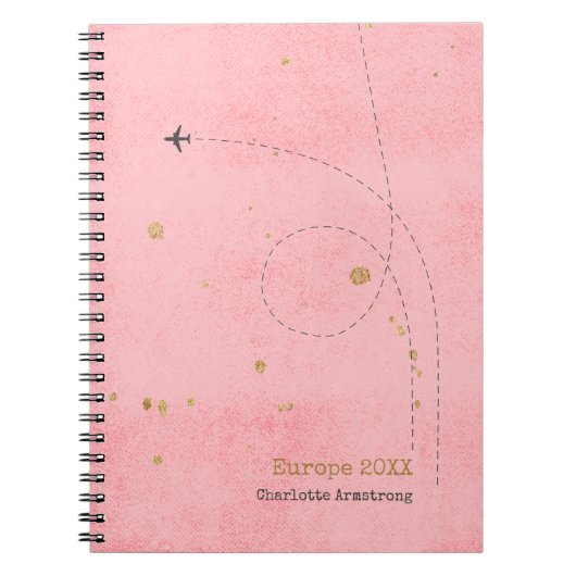 濃いピンクの飛行機名金ゴールドスポット旅行誌 ノートブック (正面)