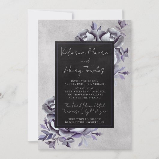 濃いフローラブラックゴシック紫ムーディ結婚ーズ 招待状 (正面)
