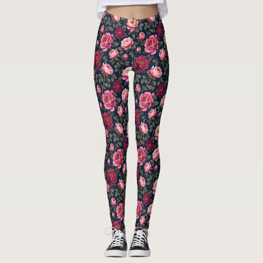 濃いブルゴーニュとピンクの花 レギンス (正面)