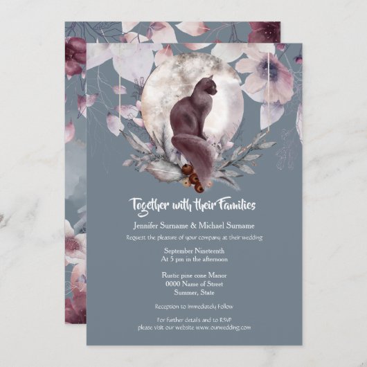 濃いブルーのグレー石板ブラックキャットムーンウォーター色 招待状 (正面/裏面)