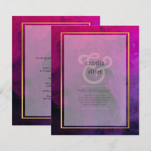 濃いマゼンタのプラムパープルインクの結婚式の招待 (正面/裏面)