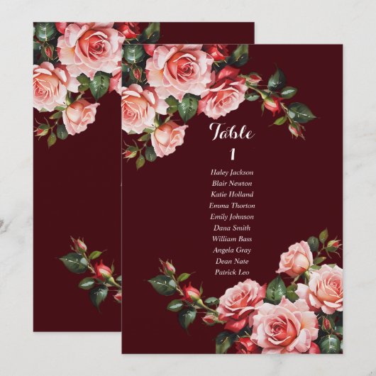 濃いムーディなピンクと赤いバラの席次表カード 招待状 (正面/裏面)