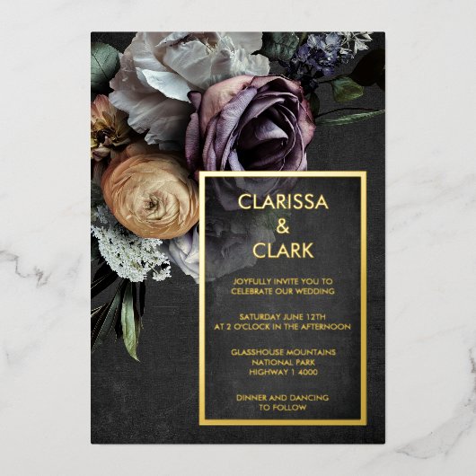 濃いムーディはっきりしたフローラ結婚金ゴールド 箔招待状 (正面)