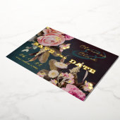 濃いムーディはっきりしたフローラ金ゴールド保存日付 箔招待状 (回転した状態)