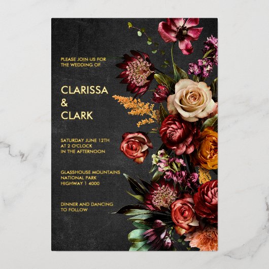 濃いムーディはっきりしたーの野生の結婚花 箔招待状 (正面)