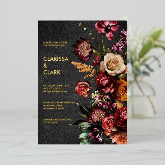 濃いムーディはっきりしたーの野生の結婚花 箔招待状 (立ち正面)