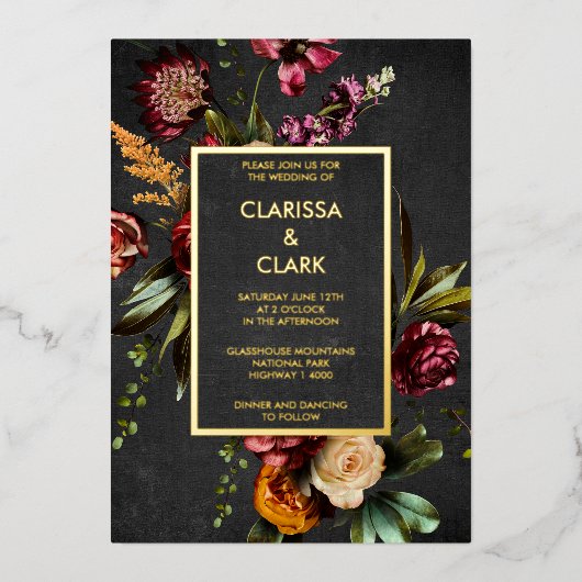 濃いムーディはっきりしたーの野生の結婚花 箔招待状 (正面)