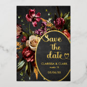 濃いムーディはっきりしたーの野生の花の日付を保存 箔招待状 (正面)