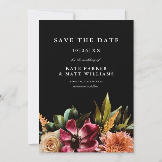 濃いムーディエレガントフローラ結婚式の日付の保存 招待状 (正面)