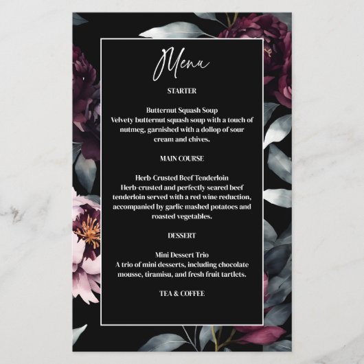 濃いムーディバーガンディの花エレガントな結婚式メニュー (正面)