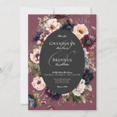 濃いムーディバーガンディーブラック楕円フローラフレーム 招待状 (正面)