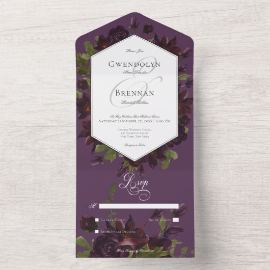 濃いムーディパープルウォーター色フローラなしディナー オールインワン招待状 (内側)