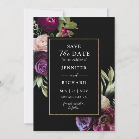 濃いムーディパープルフラワーブラック日付を保存 招待状 (正面)