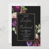 濃いムーディパープルモダンフラワーズ結婚ブラック 招待状 (正面)