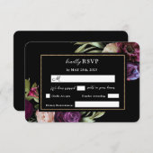 濃いムーディパープル花モダン黒RSVPカード 出欠カード (正面/裏面)