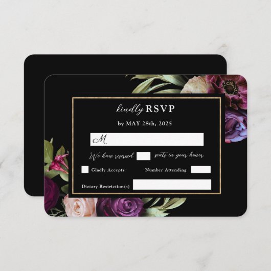 濃いムーディパープル花モダン黒RSVPカード 出欠カード (正面/裏面)