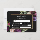 濃いムーディパープル花モダン黒RSVPカード 出欠カード (正面)