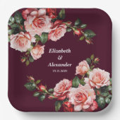 濃いムーディピンクと赤いバラがブルゴーニュ結婚ス ペーパープレート (正面)