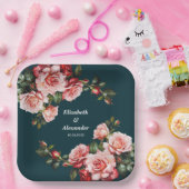 濃いムーディピンクと赤いバラのティール（緑がかった色）結婚ズ ペーパープレート (パーティー)