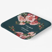 濃いムーディピンクと赤いバラのティール（緑がかった色）結婚ズ ペーパープレート (傾斜あり)