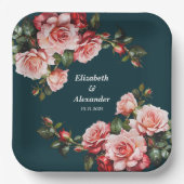 濃いムーディピンクと赤いバラのティール（緑がかった色）結婚ズ ペーパープレート (正面)