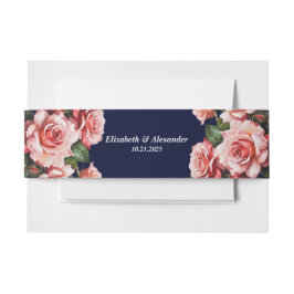 濃いムーディピンクと赤いバラのネイビーブルー結婚ズ 招待状ベリーバンド