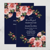 濃いムーディピンクと赤いバラのネイビーブルー結婚ズ 招待状 (正面/裏面)