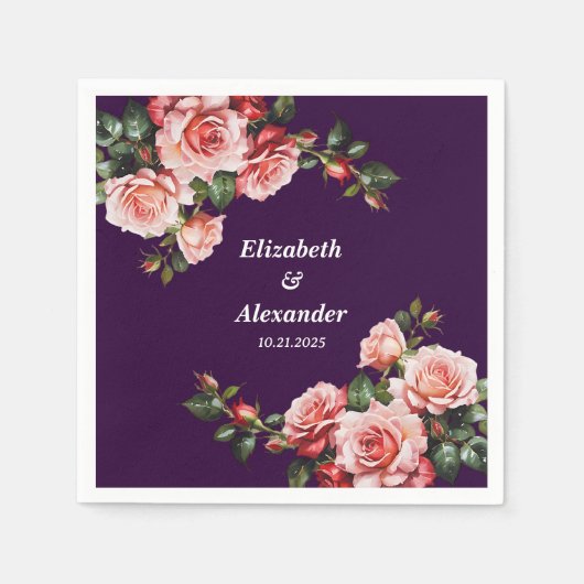 濃いムーディピンクと赤いバラの紫結婚の スタンダードカクテルナプキン (正面)
