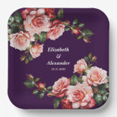 濃いムーディピンクと赤いバラの紫結婚の ペーパープレート (正面)