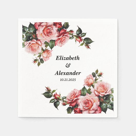 濃いムーディピンクと赤いバラ結婚の スタンダードカクテルナプキン (正面)