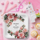 濃いムーディピンクと赤いバラ結婚の ペーパープレート (パーティー)