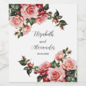 濃いムーディピンクと赤いバラ結婚の ワインラベル (シングルラベル)