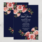 濃いムーディピンクと赤のバラのネイビーブライダルシャワー 招待状 (正面/裏面)