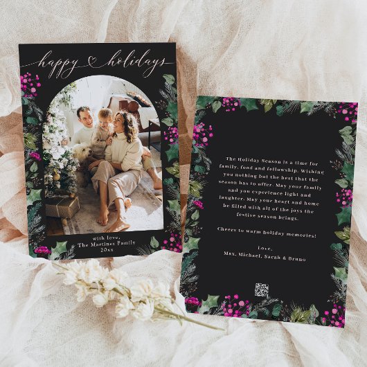 濃いムーディピンクの葉ハッピーホリデイズカード シーズンカード