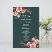 濃いムーディピンクの赤いバラ緑の結婚式プログラム (スタンド正面)