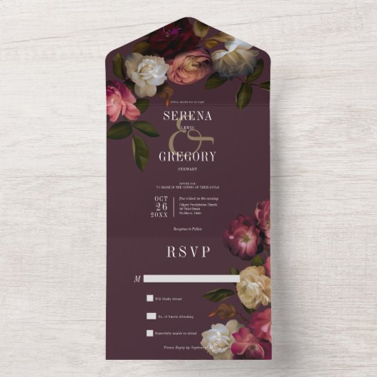 濃いムーディピンクブルゴーニュ&クリーム牡丹Noディナー オールインワン招待状 (内側)