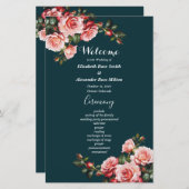 濃いムーディピンクレッドローズティール(緑がかった色)結婚式プログラム (正面/裏面)