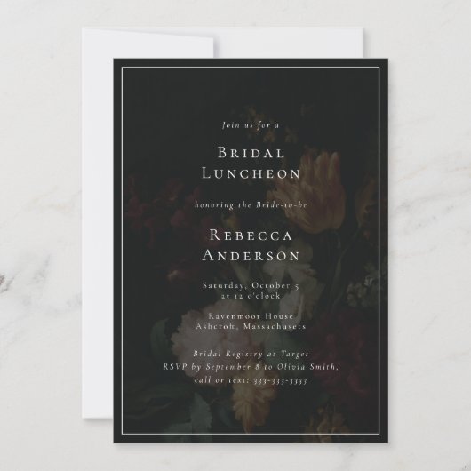 濃いムーディフエレガントァラーズブーケブライダルシャワー 招待状 (正面)