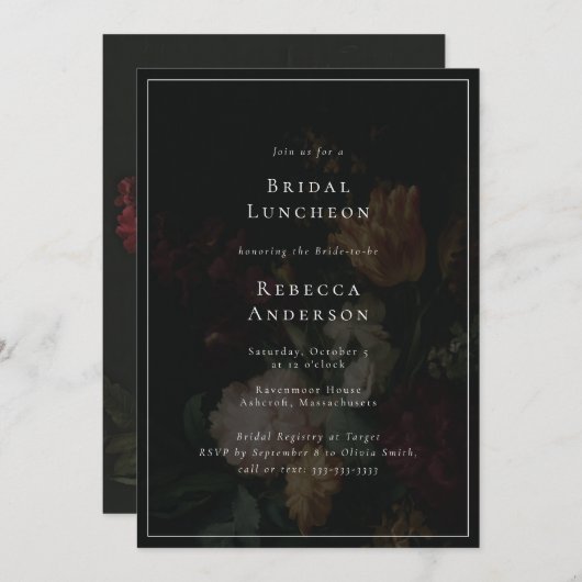 濃いムーディフエレガントァラーズブーケブライダルシャワー 招待状 (正面/裏面)