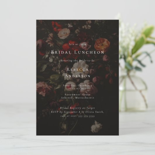 濃いムーディフラワーロマンチック結婚ブライダルシャワー 招待状 (スタンド正面)